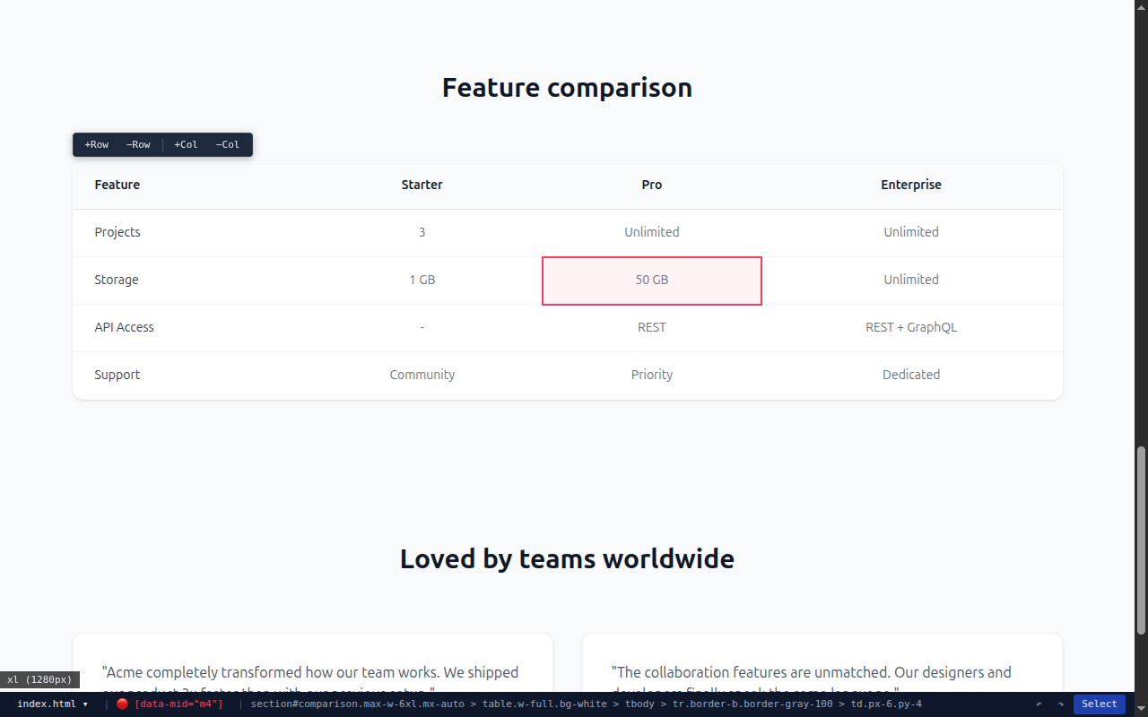 Table controls with row and column operations